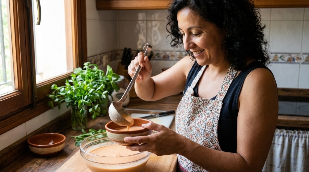 Primer plano de una mujer sirviendo una sopa cremosa fría en la cocina. Qué comer después de una extracción de muela: sopa fría y cuidados