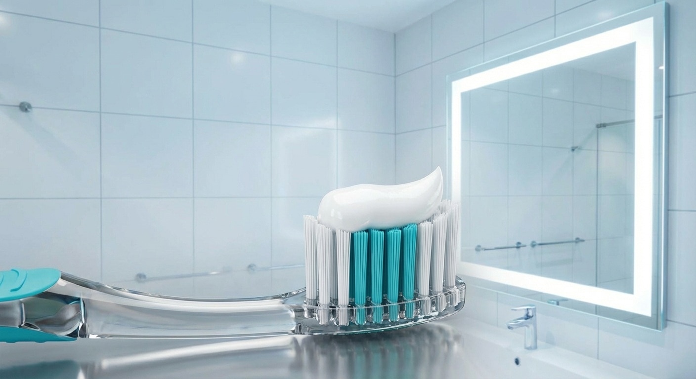 Primer plano de un cepillo con pasta de dientes, empaque visible con “flúor” y un espejo de baño; sensación limpia y clínica.