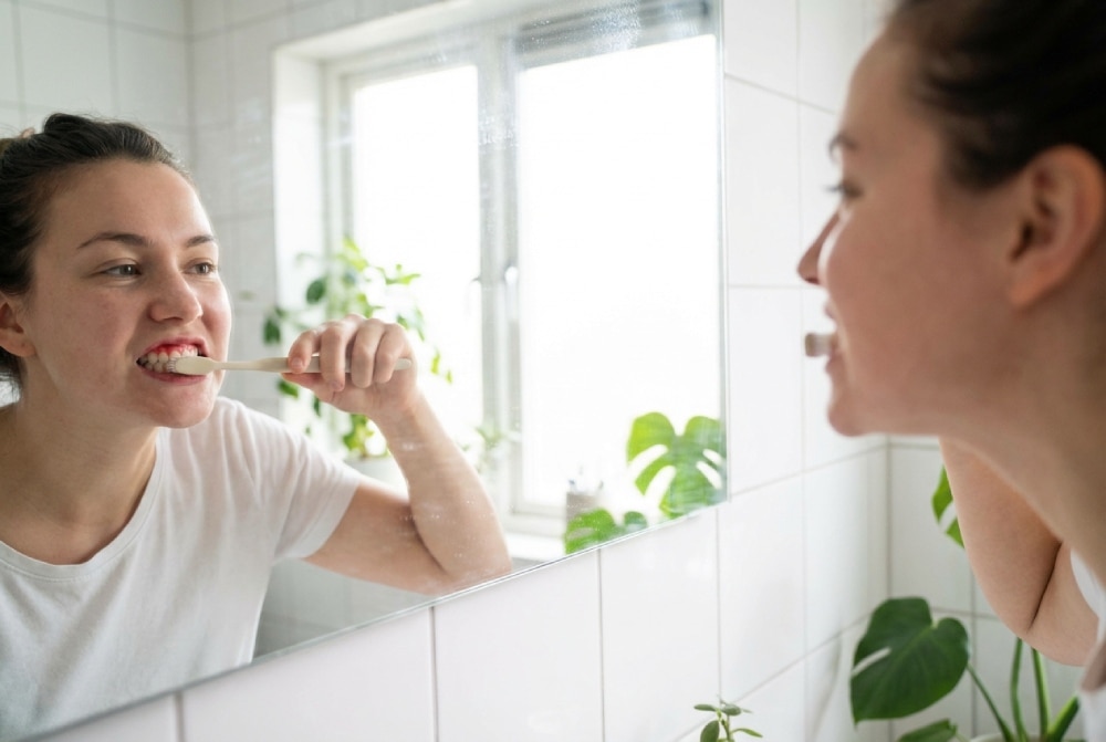 Primer plano de cepillado suave para remedios caseros para la gingivitis