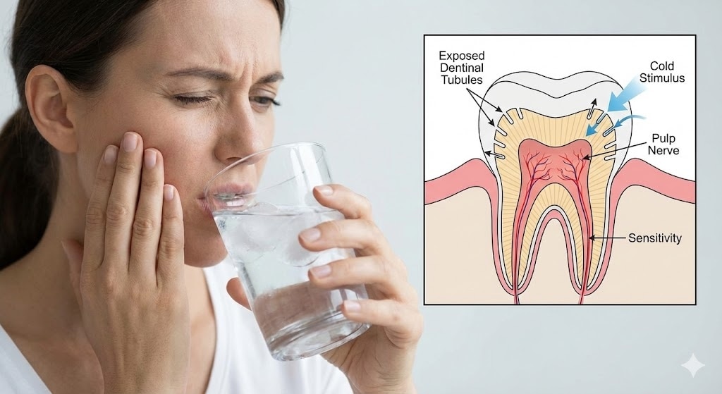 Paciente sosteniendo la mejilla al beber agua fría con un diagrama simple de túbulos dentinarios expuestos.