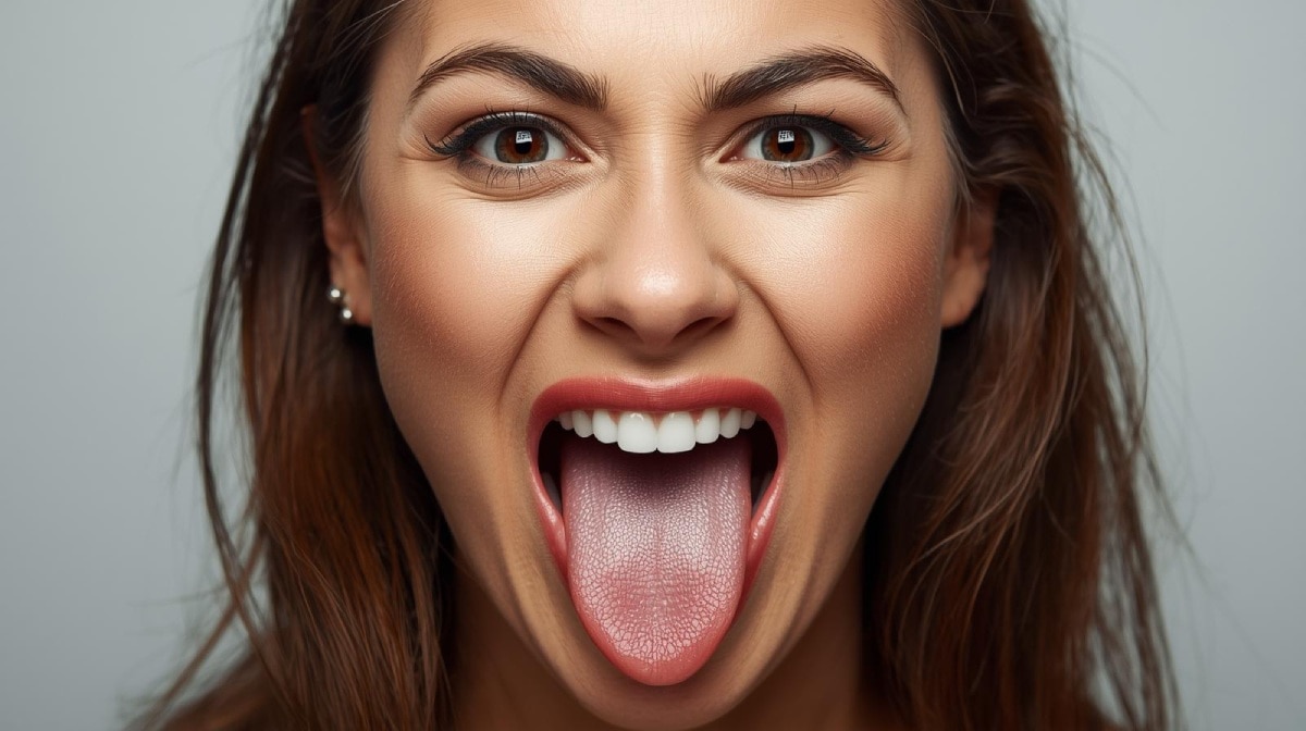 Primer plano de una persona en el baño usando enjuague bucal; se aprecia la lengua y una leve mueca de ardor.