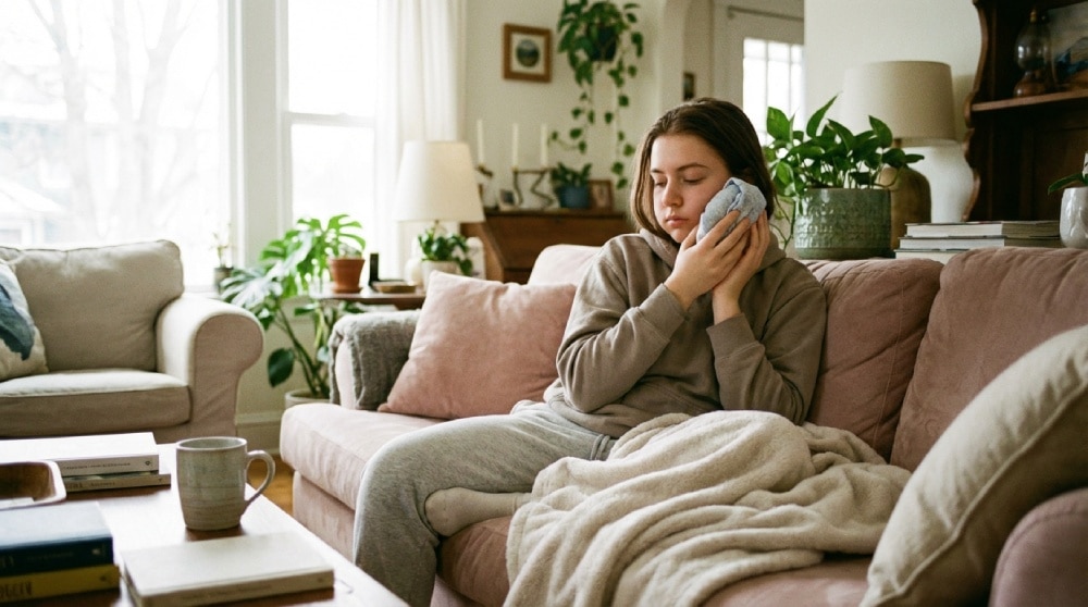 Tiempo de recuperación tras extracción de muela del juicio con compresa fría. Mujer joven en casa aplicando compresa fría en la mejilla tras extracción de muela del juicio.