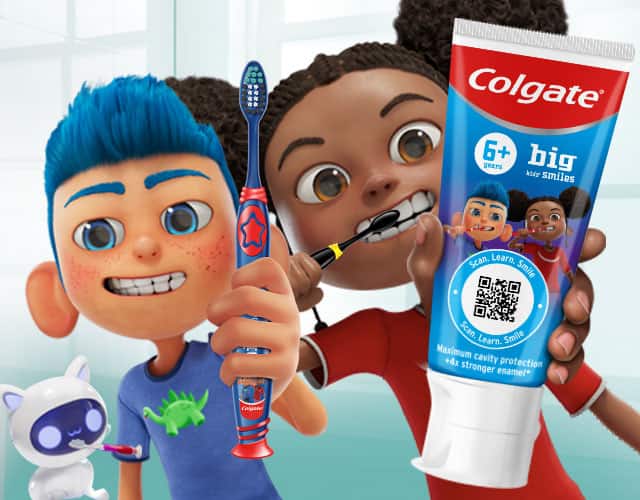 A man and woman standing next to each other and gleefuly trying out Colgate whitening pen and whitening tray.