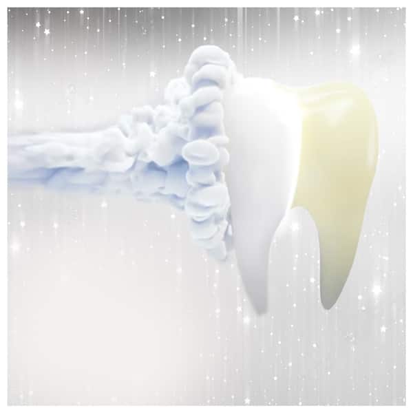 Illustration of a stream of whitening toothpaste being applied to a tooth, set against a sparkling white background.