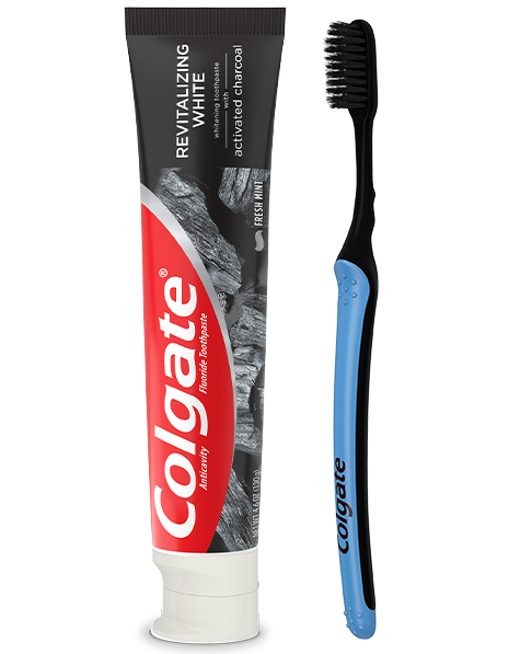 Colgate revitalising white fluoride toothpaste with activated charcoal and colgate charcoal bamboo toothbrush