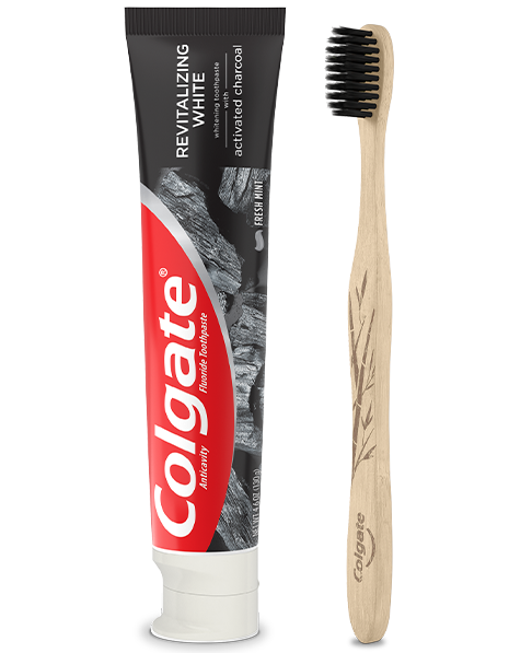 Colgate revitalising white fluoride toothpaste with activated charcoal and colgate charcoal bamboo toothbrush