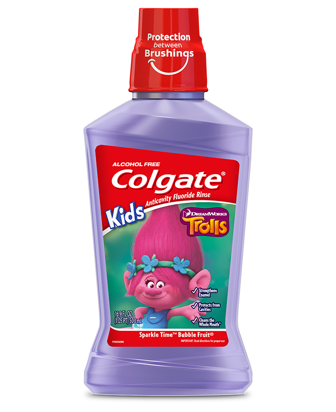 Packshot of Colgate Kids Mouthwash, Trolls<sup>™</sup>
