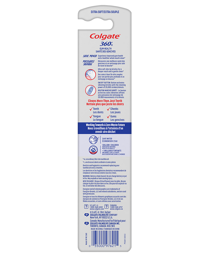 Packshot of Colgate<sup>®</sup> 360 Floss Tip Sonic Powered Battery Toothbrush Refill Pack cartoon back