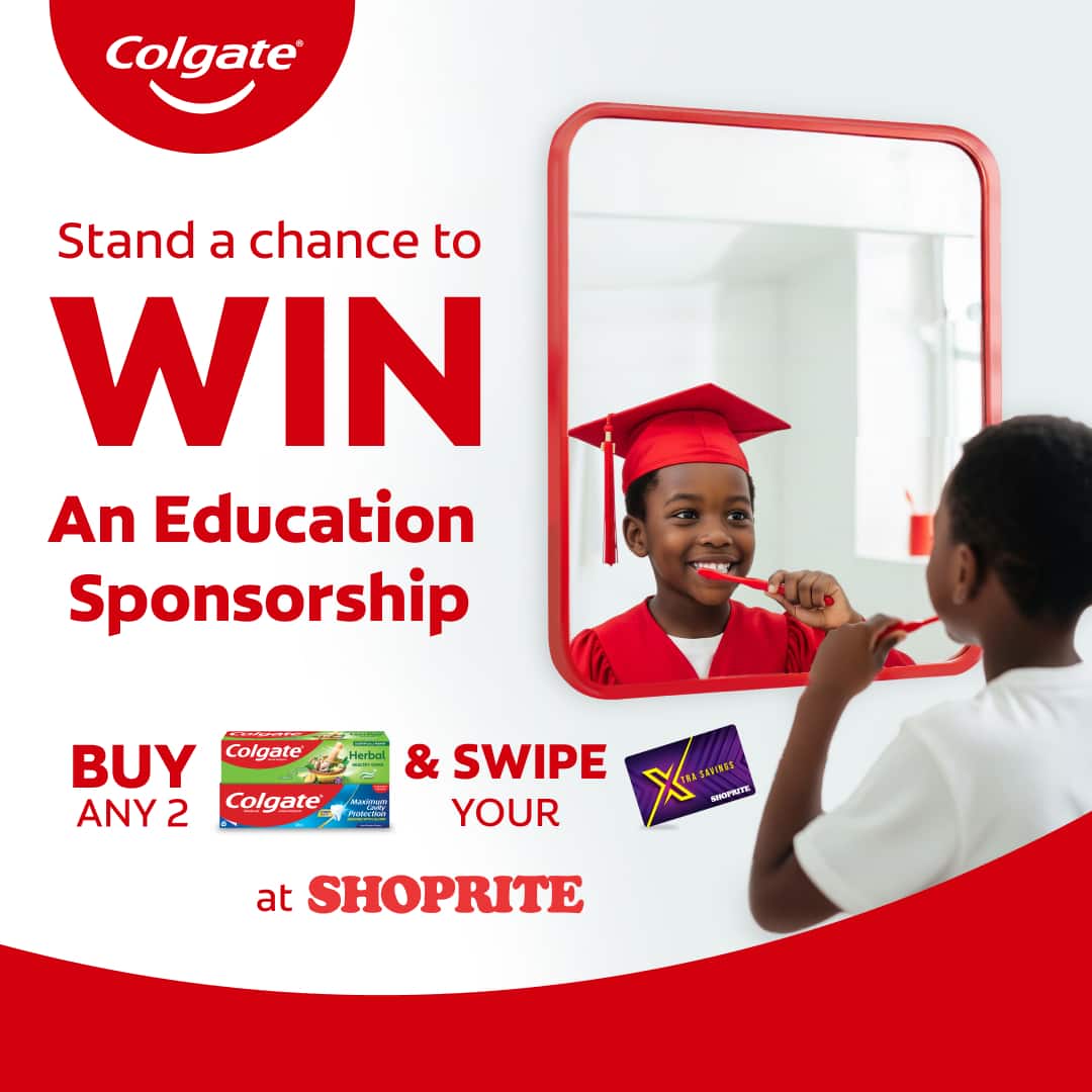 A young boy brushes his teeth while looking in the mirror; his reflection appears wearing a red graduation cap. On the left, promotional text reads: "Stand a chance to win an education sponsorship. Buy any 2 Colgate products & swipe your XtraSave card at Shoprite." Two Colgate toothpaste boxes and an XtraSave card are also shown. A young boy brushes his teeth while looking in the mirror; his reflection appears wearing a red graduation cap. On the left, promotional text reads: "Stand a chance to win an education sponsorship. Buy any 2 Colgate products & swipe your XtraSave card at Shoprite." Two Colgate toothpaste boxes and an XtraSave card are also shown.