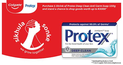 Purchase 1 Shrink of Protex Deep Clean Anti Germ Soap 150g and stand a chance to shop goods worth up to R3000 Purchase 1 Shrink of Protex Deep Clean Anti Germ Soap 150g and stand a chance to shop goods worth up to R3000