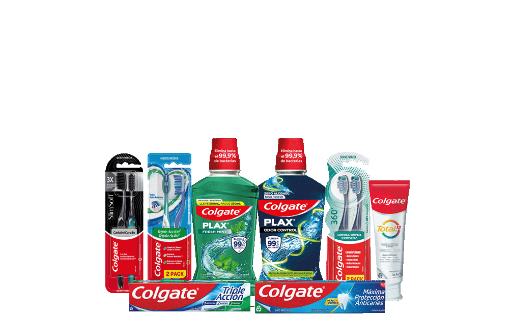 Mujer con audífonos y productos Colgate Total