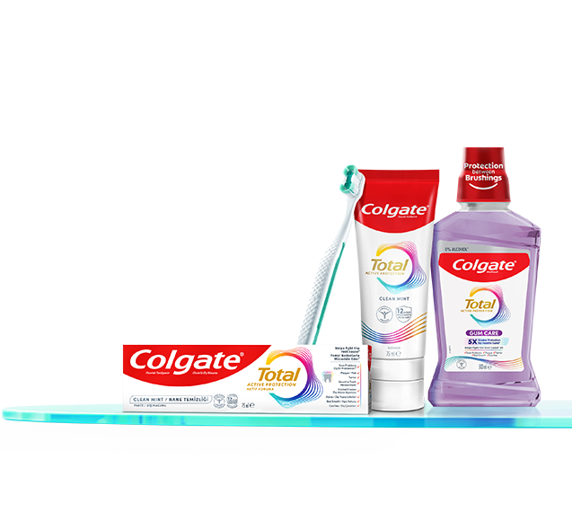 Familia de productos Colgate Total, incluyendo pasta dental, enjuague bucal y cepillo dental, diseñados para combatir las bacterias bucales y ofrecer 24 horas de protección antibacterial. Familia de productos Colgate Total, incluyendo pasta dental, enjuague bucal y cepillo dental, diseñados para combatir las bacterias bucales y ofrecer 24 horas de protección antibacterial.