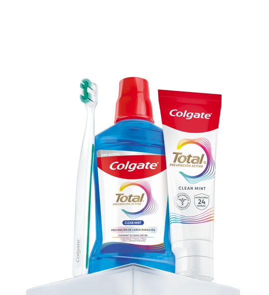 Familia de productos Colgate Total, incluyendo pasta dental, enjuague bucal y cepillo dental, diseñados para combatir las bacterias bucales y ofrecer 24 horas de protección antibacterial. Familia de productos Colgate Total, incluyendo pasta dental, enjuague bucal y cepillo dental, diseñados para combatir las bacterias bucales y ofrecer 24 horas de protección antibacterial.