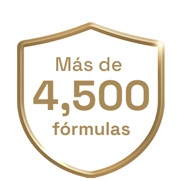 Escudo dorado con el texto 'Más de 4,500 fórmulas, resaltando la excelencia en la formulación de productos Colgate Total.