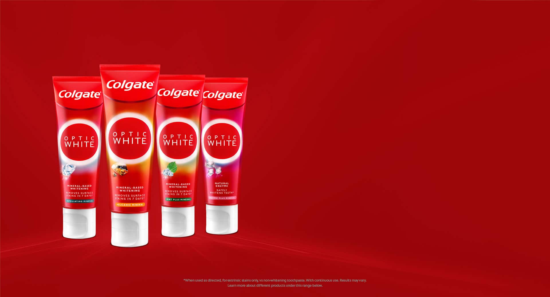 4 types of Colgate's Optic White Toothpaste; exfoliating mineral,volcanic mineral,mint plus mineral and enzyme plus mineral