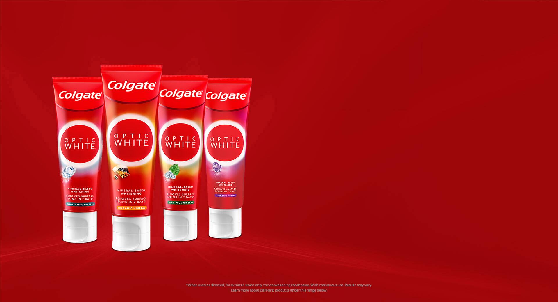 4 types of Colgate's Optic White Toothpaste; exfoliating mineral,volcanic mineral,mint plus mineral and enzyme plus mineral