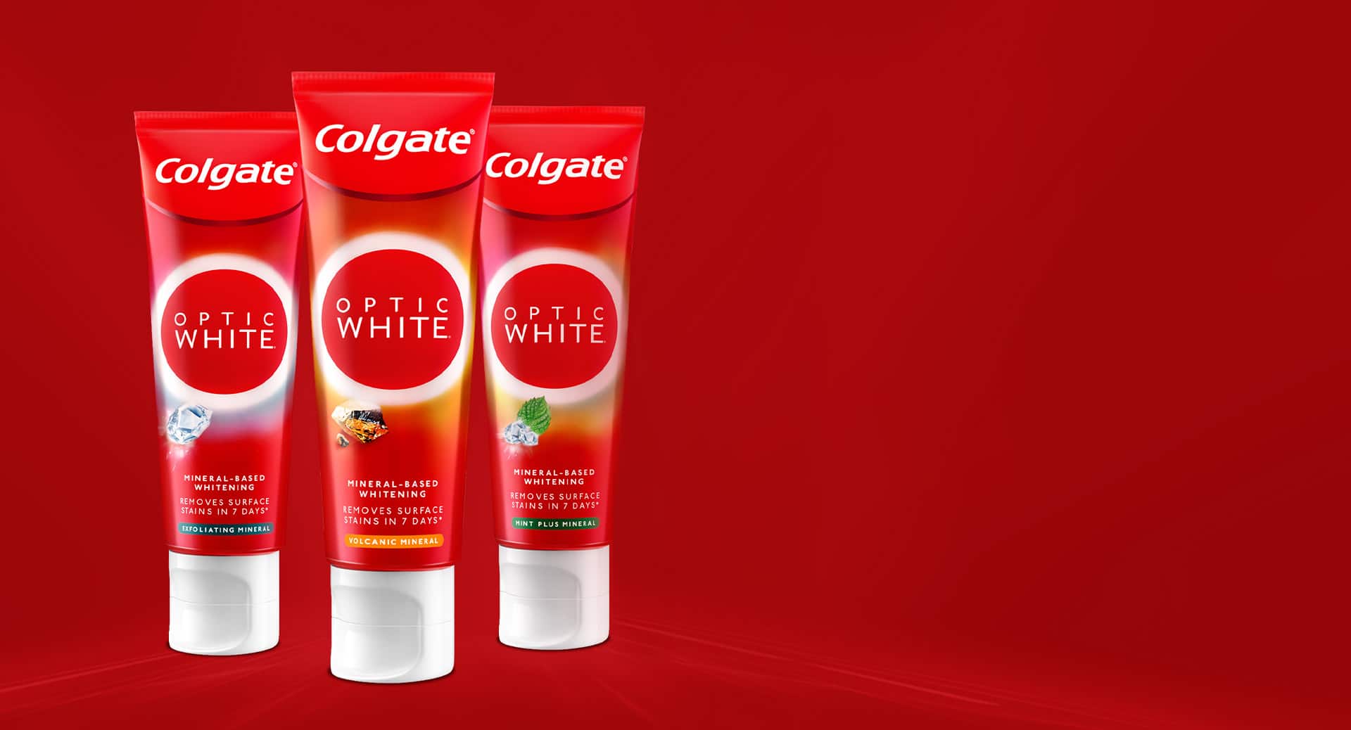 3 types of Colgate's Optic White Toothpaste; exfoliating mineral, volcanic mineral and mint plus mineral