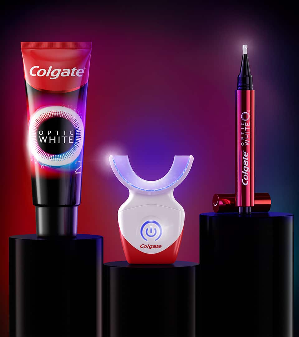 Colgate's 3 steps Whitening Teeth Routine which includes Optic White O2 toothpaste, Optic White O2 pen and Whitening device