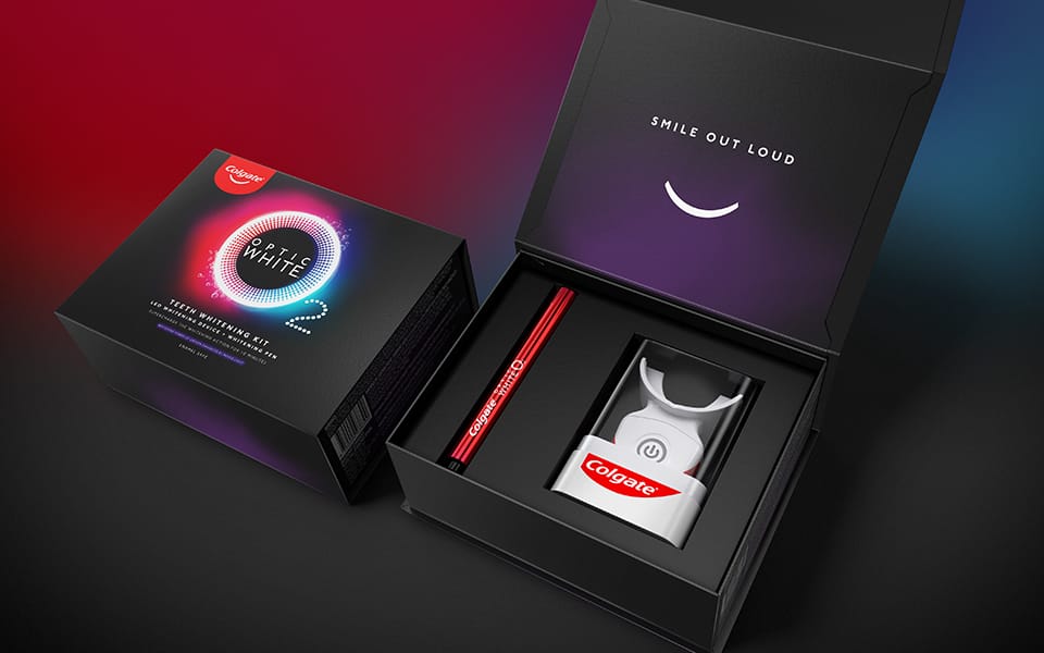 Gift box containing Colgate's Teeth Whitening Kit; image used for introducing Colgate's best teeth whitening product
