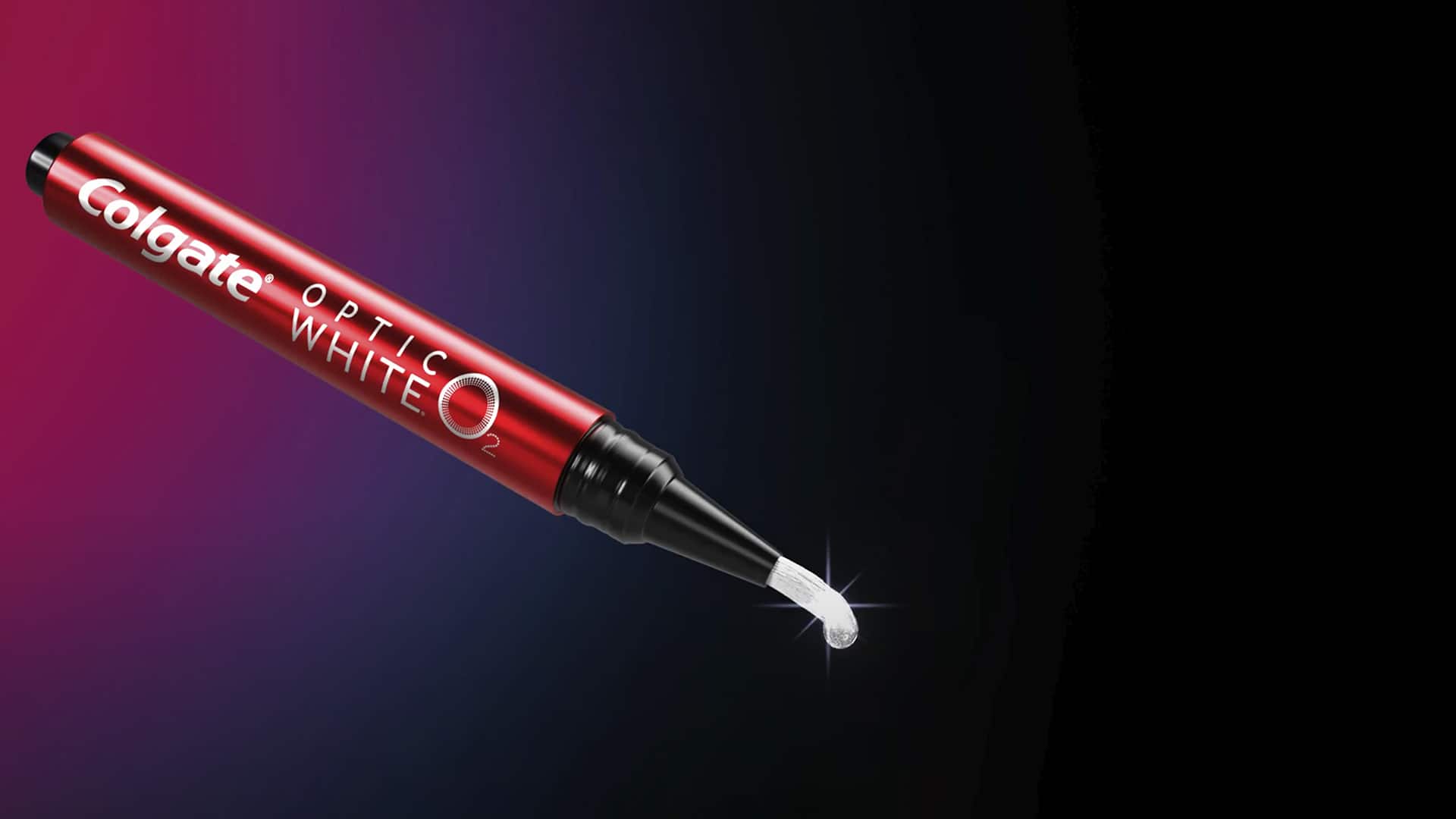 Close up shot of Colgate's Optic White O2 Whitening Pen with serum on its brush tip