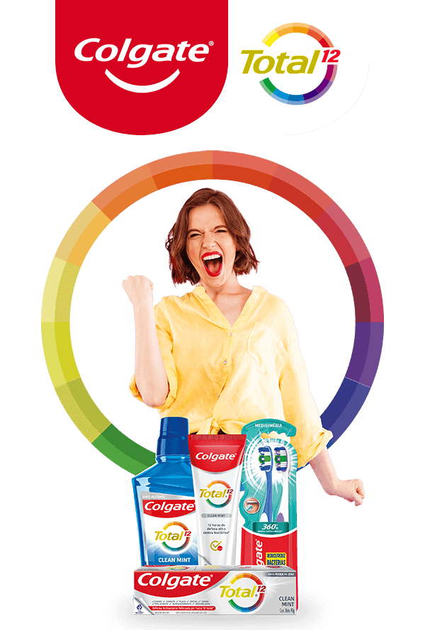 Promo Colgate Total, mujer emocionada con productos