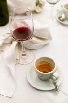 Cup of coffee and glass of wine