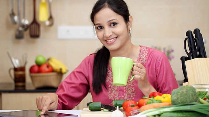 A lady having food full of calcium as breakfast
