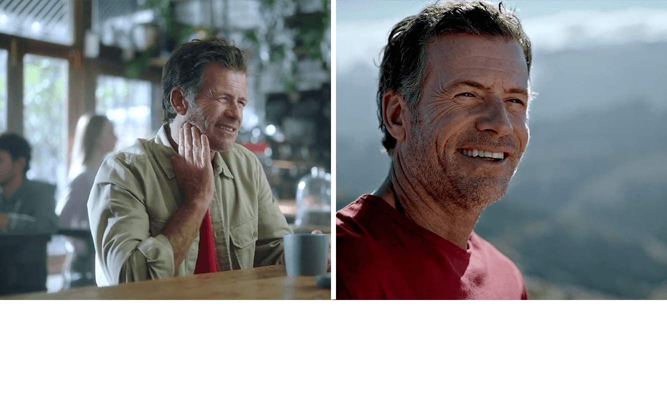 Man with tooth pain and after using colgate smiling