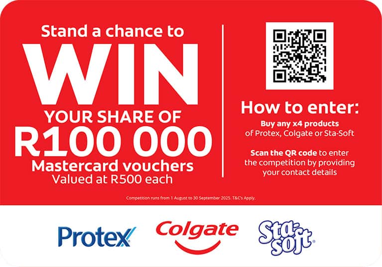 A young boy brushes his teeth while looking in the mirror; his reflection appears wearing a red graduation cap. On the left, promotional text reads: "Stand a chance to win an education sponsorship. Buy any 2 Colgate products & swipe your XtraSave card at Shoprite." Two Colgate toothpaste boxes and an XtraSave card are also shown.
