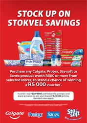 Purchase any Colgate, Protex, Sta-soft or Sanex product worth R500 or more from selected stores, to stand a chance of winning a R5000 voucher. Purchase any Colgate, Protex, Sta-soft or Sanex product worth R500 or more from selected stores, to stand a chance of winning a R5000 voucher.