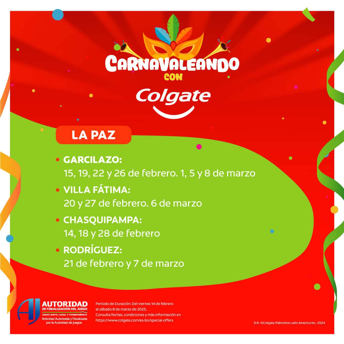 Imagen promocional Carnavaleando de Colgate mostrando la información en La Paz