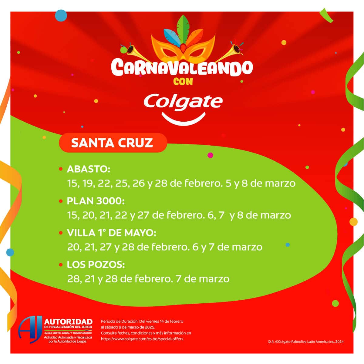Imagen promocional Carnavaleando de Colgate mostrando la información en Santa Cruz