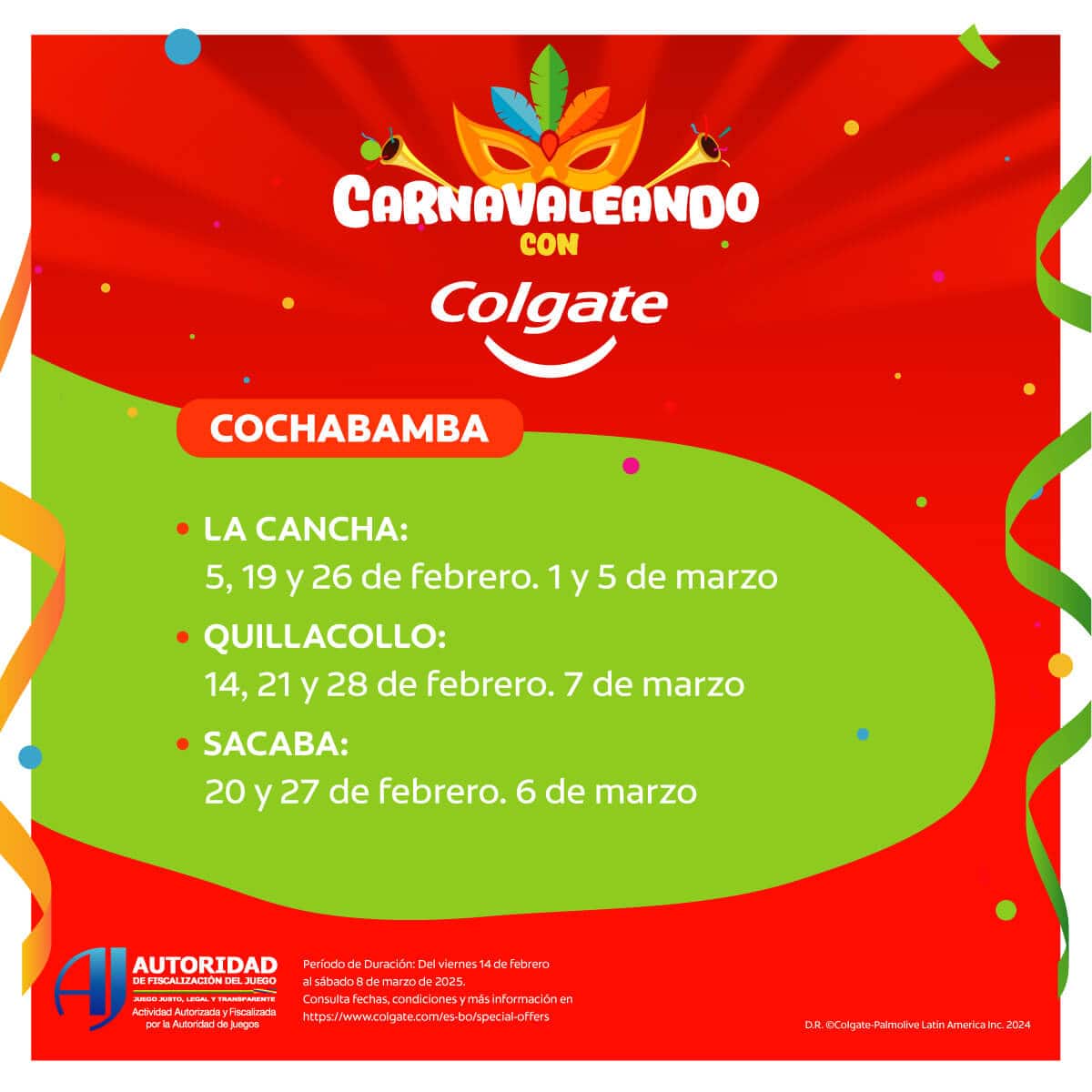Imagen promocional Carnavaleando de Colgate mostrando la información en Cochabamba