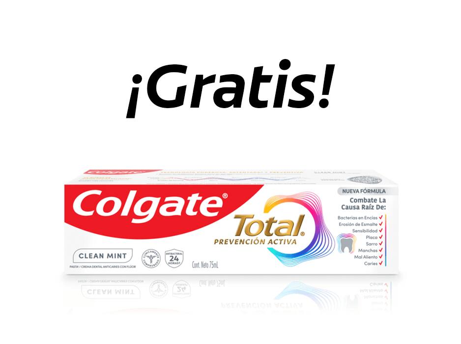 Imagen del tubo y empaque de la crema dental Colgate Total Clean Mint, destacando sus beneficios de protección completa y frescura. Imagen del tubo y empaque de la crema dental Colgate Total Clean Mint, destacando sus beneficios de protección completa y frescura.