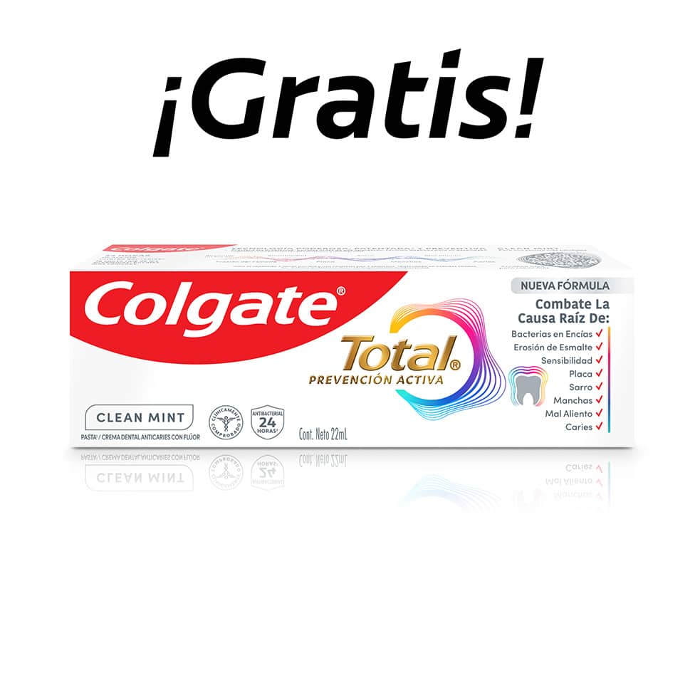 Imagen del tubo y empaque de la crema dental Colgate Total Clean Mint, destacando sus beneficios de protección completa y frescura. Imagen del tubo y empaque de la crema dental Colgate Total Clean Mint, destacando sus beneficios de protección completa y frescura.