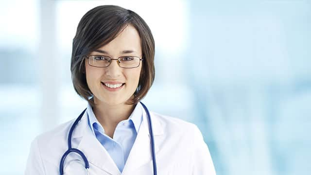 female doctor with a stethoscope around her neck