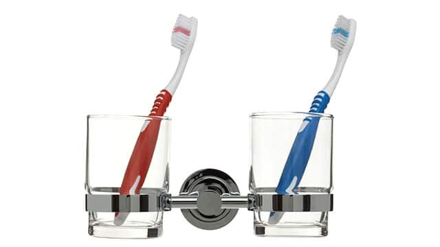 mDesign Toothpaste/Toothbrush Holder Stand Center, Rinse Cup/Cover