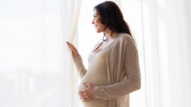 A smiling pregnant woman looks out a sunny window