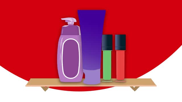Bathroom shelf displaying products for color correction in beauty routine, including Colgate Optic White Purple Toothpaste.