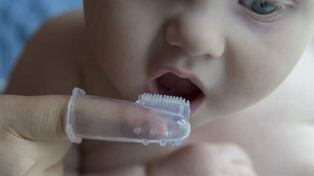 baby getting their teeth brushed