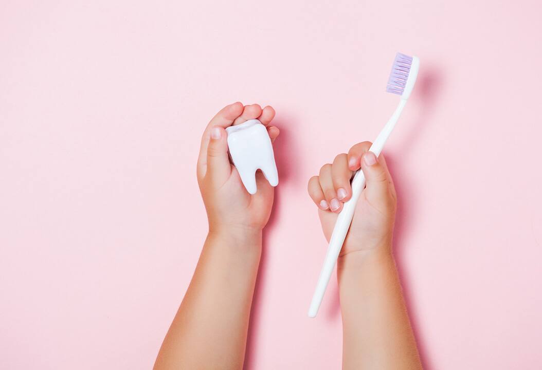 Child's hands holding big tooth and toothbrush.