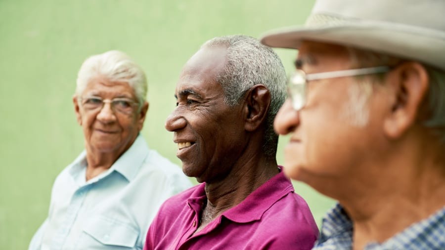 Grupo de hombres de mediana edad hablando en un parque