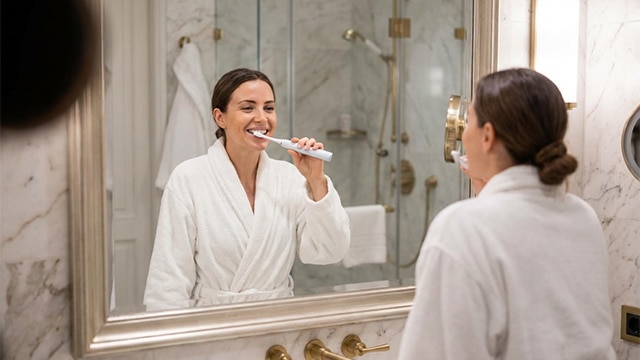 Pareja joven contenta usando hilo dental en el baño