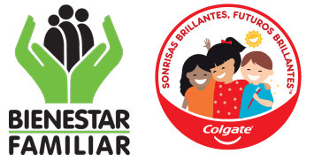 Bienestar Familiar logo, hands embracing people, and Colgate logo, childrens smiling
