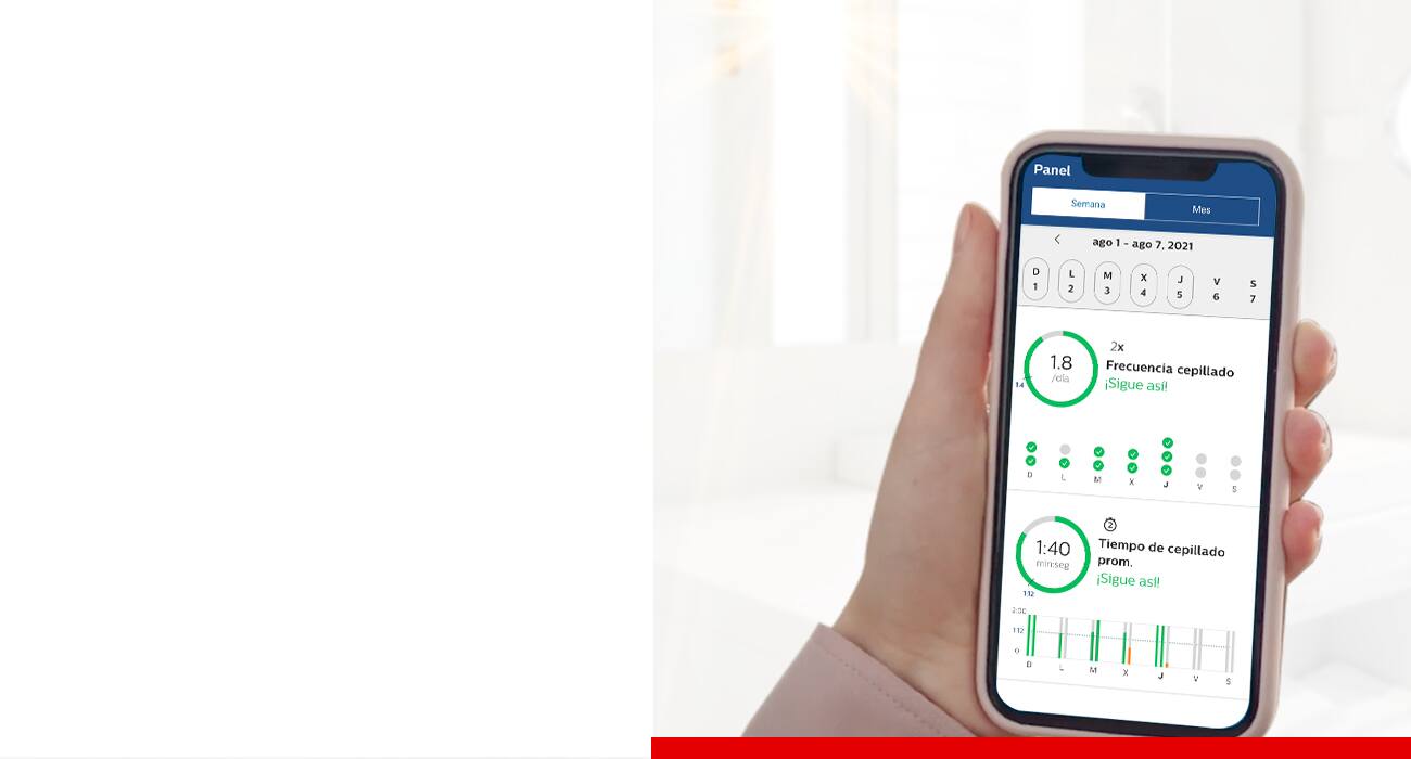 Aplicación de cepillado. Se conecta con la app de cepillado de Philips Colgate para monitorear tus hábitos de limpieza y tu progreso