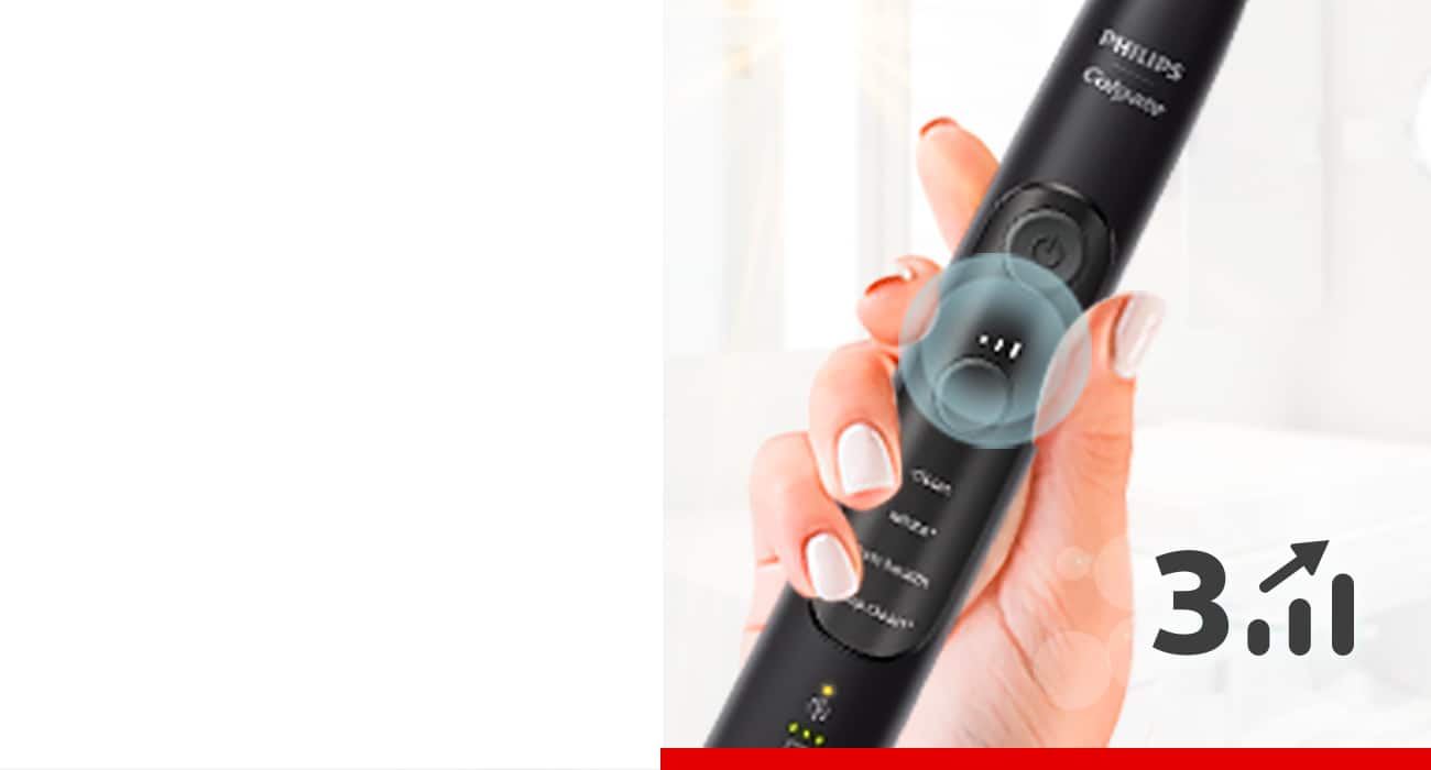 philips-colgate-sonicpro-70-product-benefits-4 3 intensidades de cepillado. Elige entre baja, media y alta dependiendo de tus necesidades de limpieza