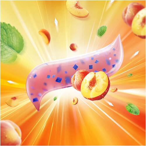 Toothpaste with mini breath strips within the paste, with a vibrant and explosive orange background of peaches and mint leaves