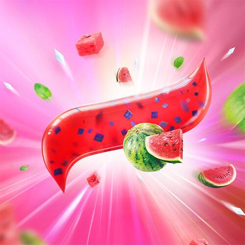 Toothpaste with mini breath strips within the paste, with a vibrant and explosive pink background of watermelon and mint leaves