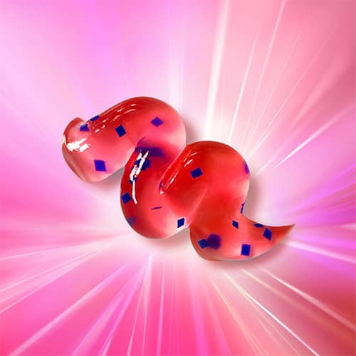 Squiggly red toothpaste against a bright dynamic pink background