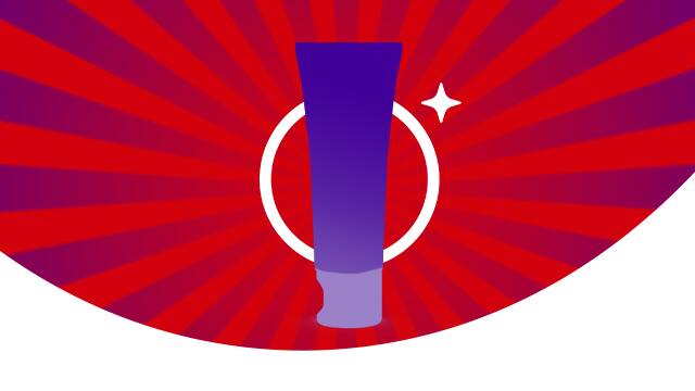 Colgate Optic White Purple Toothpaste highlighted with sunbeam graphics, emphasizing its whitening power.